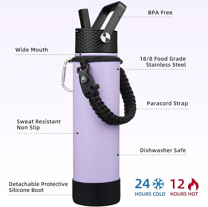 BJPKPK 27oz Insulated Water Bottles with 3 Lids, Paracord Handle & Non-slip Boot, Stainless Steel Metal Water Bottle with Straw, BPA Free Thermal Flasks, Tumblers,Lavender