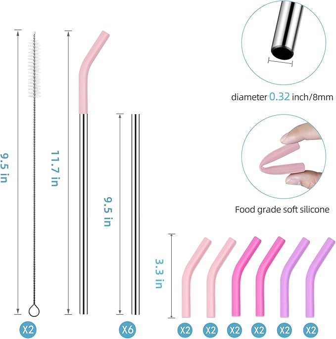 30 oz Stainless Metal Straws for 30 oz Stanley Tumbler, 6Pcs Reusable Straight Long Steel Straws with 12 Silicone Tips and 2 Straw Cleaning Brushes (3Color2, 30oz)