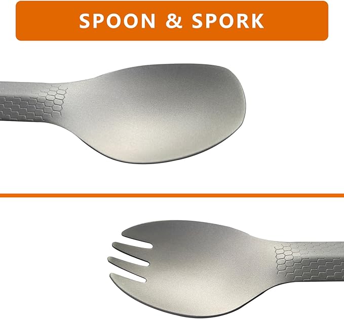 3 in1 Titanium Ultralight Cutlery Set, Long Handle Spoon and Spork, Camping tong, Travel Utensils with Bag (22CM)