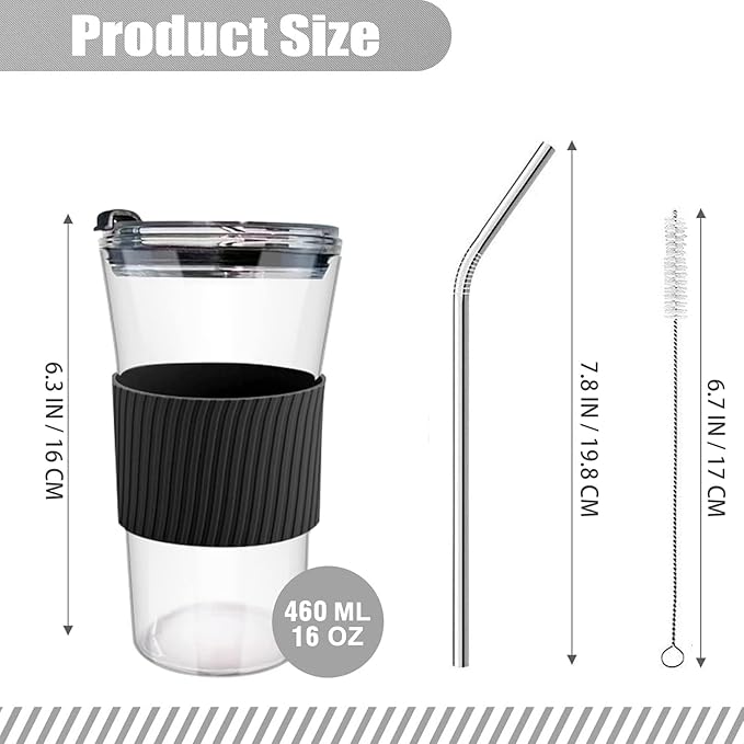 2 pcs Iced Coffee Cups with Lids, 16 oz Glass Cups with Lids and Straws, Reusable Tumbler with Silicone Sleeve, Wide Mouth Can Shaped Drinking Glasses for Coffee Juice Water Smoothie (Black)
