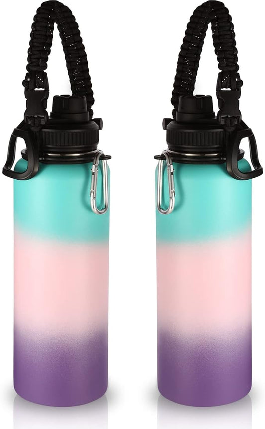 Volhoply Insulated Water Bottles Bulk 2 Pack, 40 oz Sports Bottle with Paracord Handle & Spout Lid, Double Walled Vacuum Water Cups with Wide Mouth,Reusable Hiking Water jug(Gradient Color,2 Set)