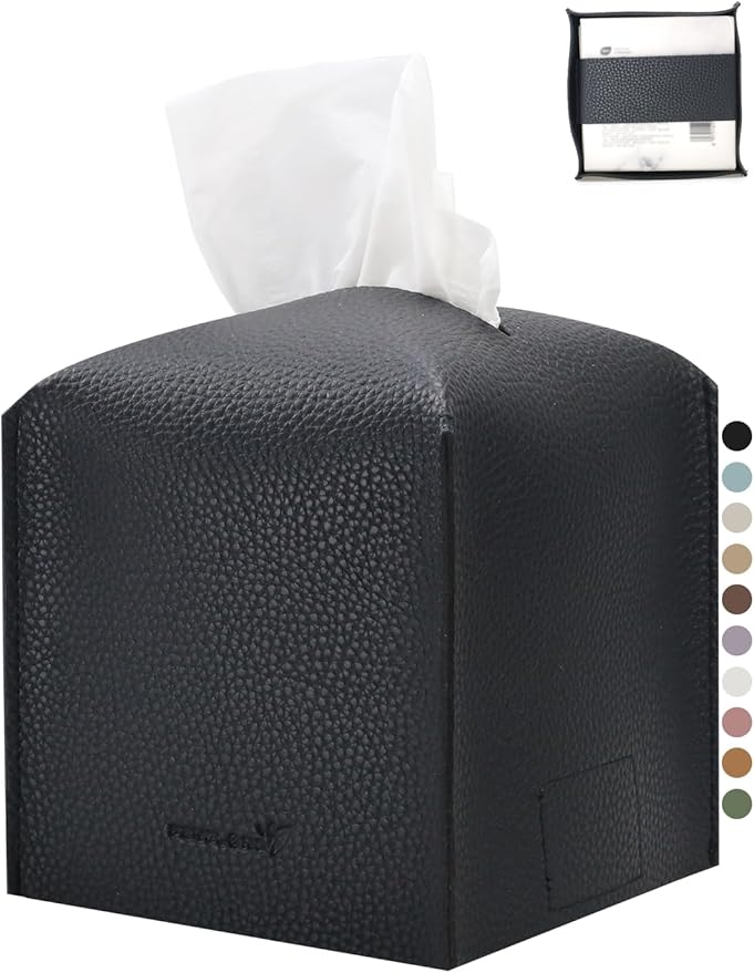 Tissue Box Cover 5X5X5'' PU Leather Tissue Holder Square Tissue Cube Box Organizer for Bathroom Vanity Countertop, Car, Night Stands, Office, Home, Kitchen (1Pack, Black)
