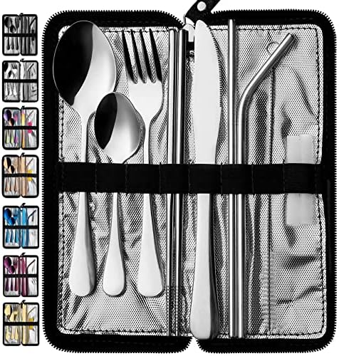 VANDBAO Portable Travel Utensils, Reusable Silverware with Case for Fixing Tableware, 9 Pieces Stainless Steel Stable Flatware Set, Camping Picnic Cutlery Set (Silver Set) by VANDBAO