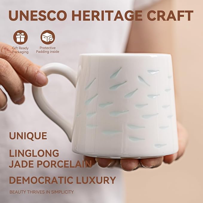 10.6oz Premium Jadeite Ceramic Coffee Mug, Handcrafted Fish Pattern Cute Ceramic Mug - 1340℃ High-Fire Lead-Free Mug for Morning Coffee/Afternoon Tea, Unique Gift | Microwave & Dishwasher Safe