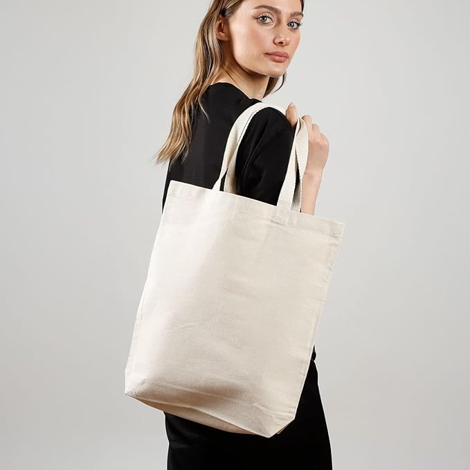 Premium Canvas Tote Bags – 12 Pack Reusable Shopping Bags with Shoulder Straps – Gusseted Totes for Daily Use