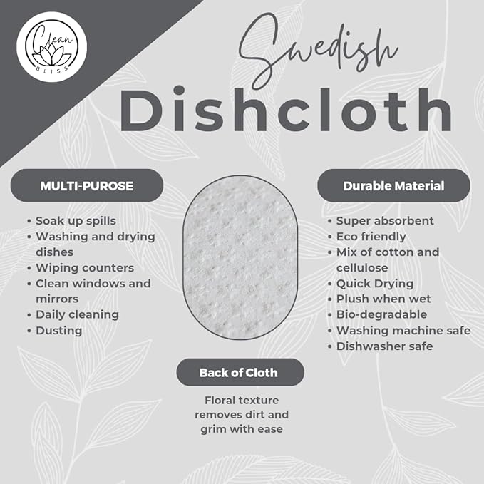 Swedish Dishcloth, Super Absorbent, Non-Scratch, Multi-Surface, Washable, Decorative Design, Paper Towel Replacement, Biodegradable, Eco Friendly, 10 Pack