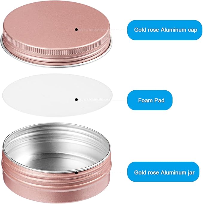 Patelai 72 Pcs 2 oz Aluminum Tins Salve Containers with Screw Lid and Labels Round Cans Travel Cosmetic Metal Tins Jar for Candles Lotion Bars Balms Food Spice Candies DIY Crafts(Rose Gold)