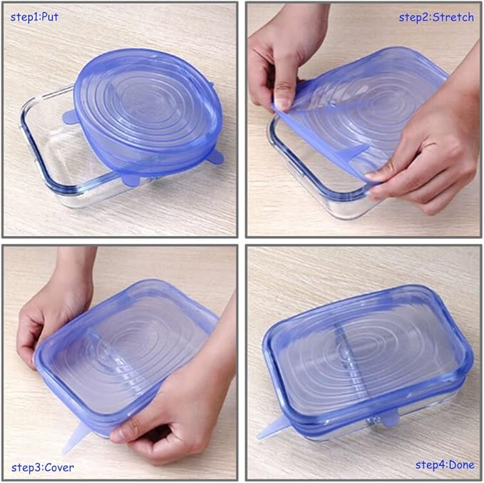 12 pcs Silicone Stretch lids set, 6 Sizes, Reusable Food Storage Covers ，Silicone Bowl Covers，Flexible to Fit All Shape of Containers， Food Cover to Keep Food Fresh (blue,pink)