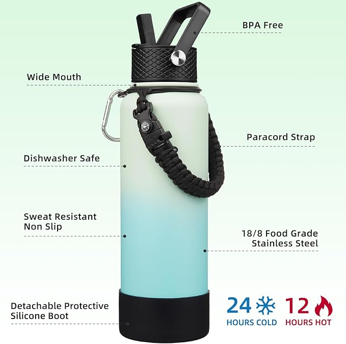 BJPKPK Insulated Water Bottle with Straw Lid, 40oz Large Thermal Flasks with 3 Lids, Paracord Handle & Non-slip Boot, BPA Free Leak Proof Stainless Steel Metal Water Bottles, Tumblers, Cups,Mint