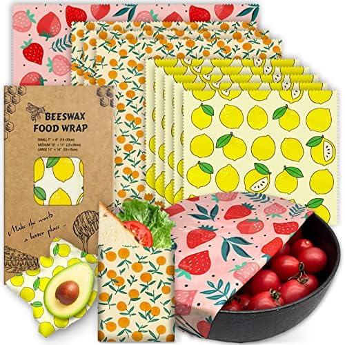 Reusable Beeswax Wrap - 9 Pack Eco-Friendly Beeswax Wraps For Food, Organic, Sustainable, Biodegradable, Zero Waste, Plastic-Free Food Storage, 1L Strawberry, 3M Orange, 5S Lemon Patterns by PICcircuit