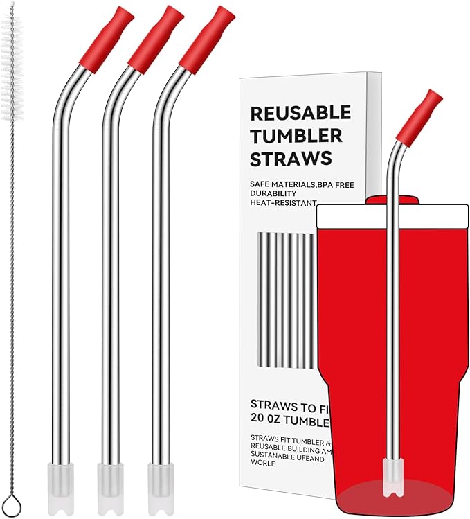 Reusable Metal Straws with Silicone Tip for Stanley 20oz,Stainless Steel Drinking Straws for 20oz Tumbler,3 Bent Tubes & 6 Tips& 1 Cleanr Brush(Chili)
