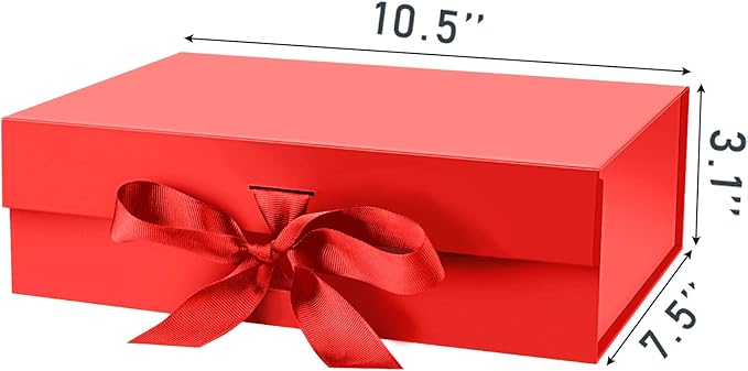 Gift Box with Lid for Presents 10.5x7.5x3.1 Inches with Ribbon and Magnetic Closure(1-Pack) (Red)