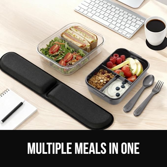 GORILLA GRIP BPA-Free Leakproof 5-Compartment Bento Lunch Box for Adults, Kids, Holds 10 Cups, Microwave Safe Hot and Cold Food Containers, Easy to Carry Lid Includes Built-In Utensils Set, Gray