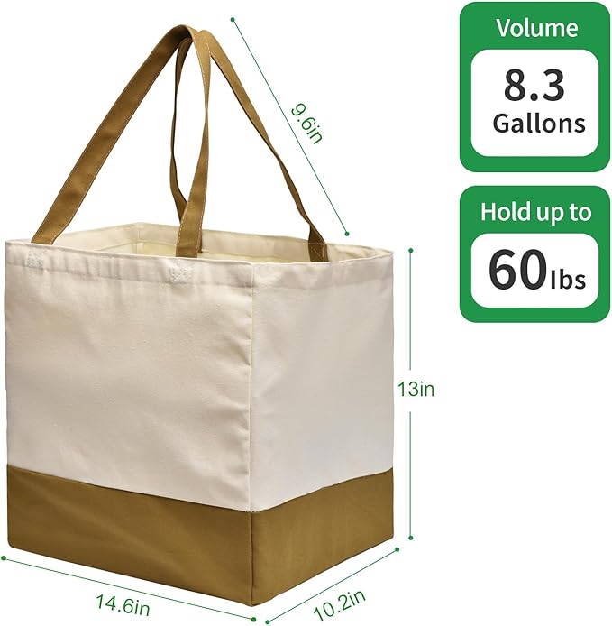 Canvas Reusable Grocery Bags Heavy Duty, 8.3 gal Foldable Large Tote Bag with Handles, Holds 60 lbs Canvas Shopping Bags, 1 Pack