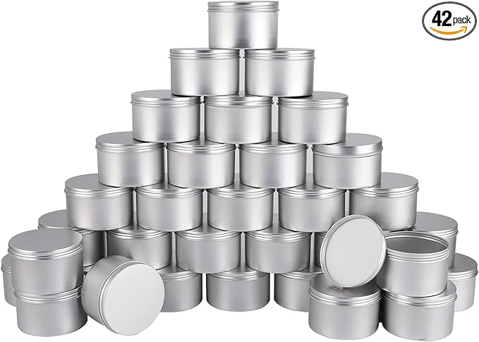 42 Pack Round Cans with Screw Lid 7 Oz Aluminum Metal Tins DIY Food Candle Containers for Lotion Bars, Balms, Salve, Spices, Beard Balm, Crafts with 4 Markers 6 Sheets Label Stickers