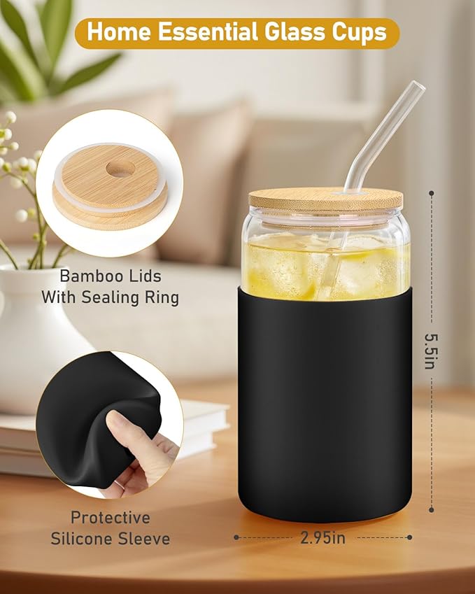 sungwoo Glass Cups with Lids and Straws, 4 Pack 16OZ Iced Coffee Cups with Silicone Sleeve, Glass Tumbler with Straw and Bamboo Lid, Home Essential Drinking Set for Juice, Cocktail and Tea Black&White