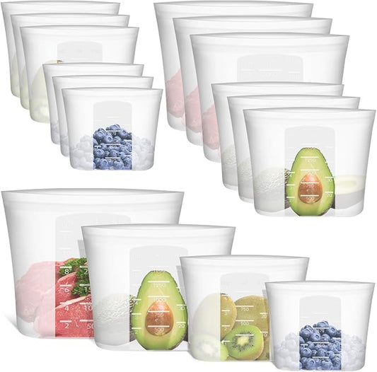 Reusable Storage Bag, 12 Pack 100% Silicone Food Storage Bags Stand Up Zip Lock Bags for Food, Freezer Microwave Oven Dishwasher Safe, 3 Extra Large(0.8 Gallon) 3 Medium 3 Small 3 X-Small, Translucent
