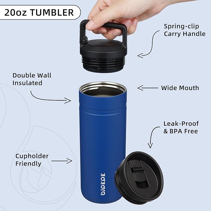 BJPKPK Insulated Water Bottle with 2 Lids,20 oz Double Wall Stainless Steel Vacuum Tumbler Travel Coffee Mug,Wide Mouth Thermal Cup,Sapphire Blue