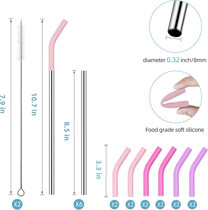 20 oz Stainless Metal Straws for 20 oz Stanley Tumbler, 6Pcs Reusable Straight Long Steel Straws with 12 Silicone Tips and 2 Straw Cleaning Brushes (3Color2, 20oz)
