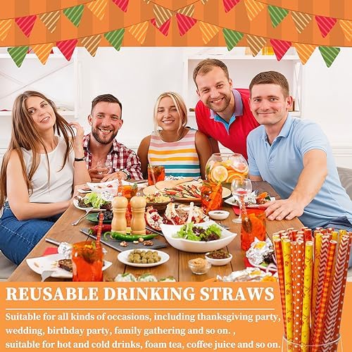 JANYUN 30 Pieces Fall Straws, 9inch Hard Platic Reusable Thanksgiving Drinking Straws Autumn Maple Leaf Pumpkin Straw for Family Party Favors Supplies Cleaning Brush (Orange & Yellow) - Image 5