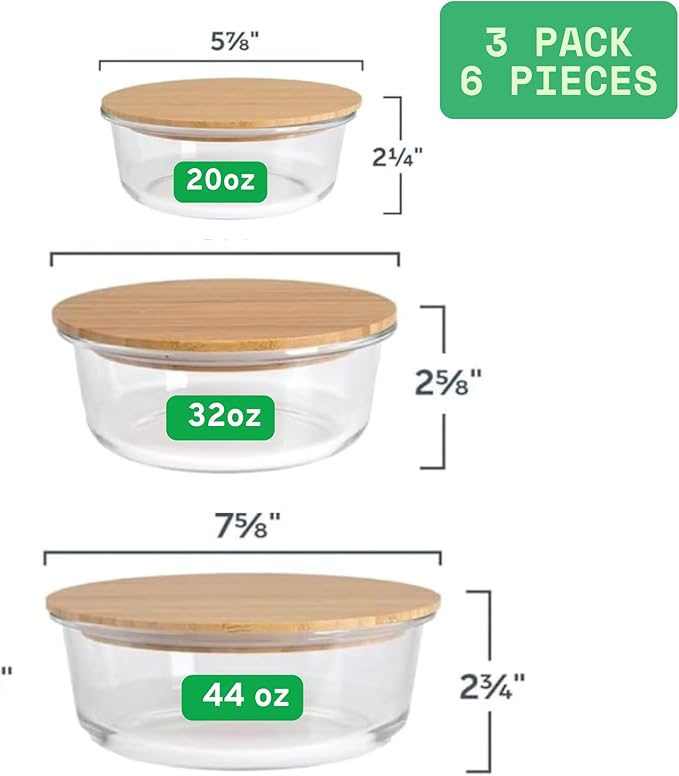 Glass Food Containers with Bamboo Lids – 6-Piece Round Set, Leakproof Storage Bowls, BPA-Free Glass Meal Prep Containers, Airtight Kitchen Set