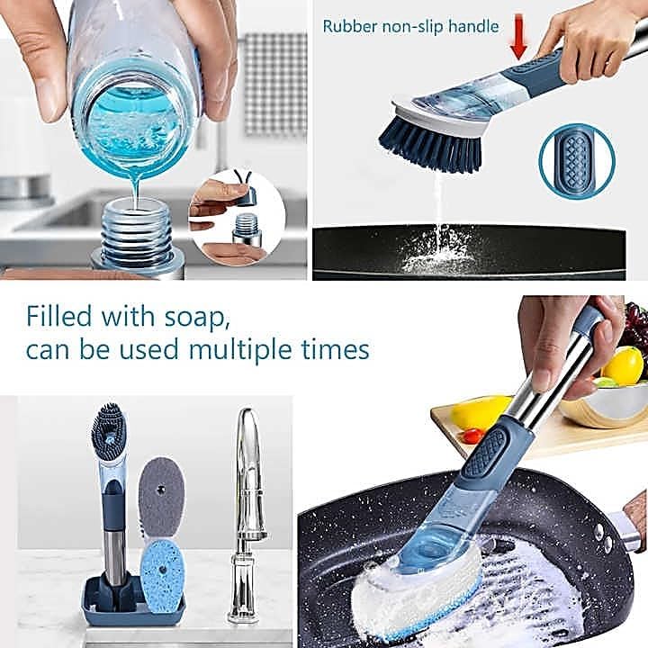 Soap-Dispensing Dish Washing Brush Set – Includes 4 Replaceable Heads & Stylish Storage Stand – Effortless Scrubbing for Dishes, Pots, Pans & Sinks - Image 4