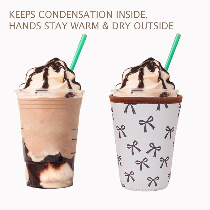 Reusable Insulated Neoprene Iced Coffee Cup Sleeve, Durable Drink Sleeve for Cold Beverages, Beverage Holder for Iced Coffee, Cream Bow