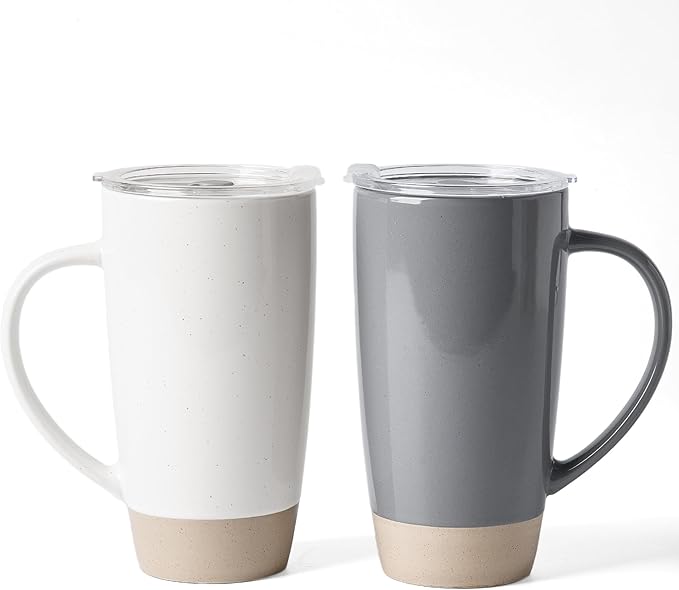 famiware Milkyway Coffee Mugs, 20oz Large Coffee Mug, Ceramic Mug Set of 2 with Lid, Cup Set with Handle for Latte, Tea, Cocoa, Milk, Home & Office, White and Dark Gray