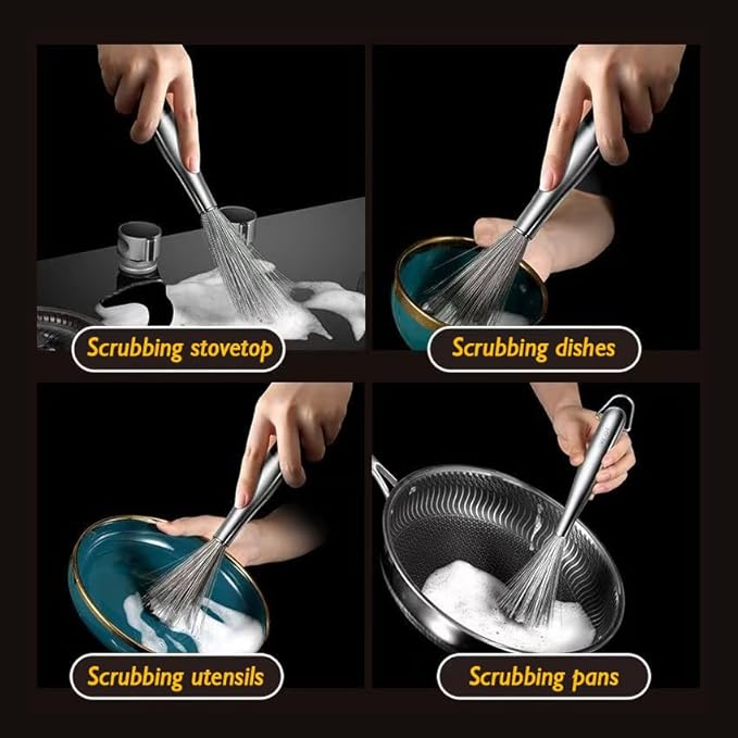 Stainless Steel Dish Brush with Handle, Metal Steel Wool Scrubber for Cast lron, Cookware, Pot, Pan, Grill（1PCS