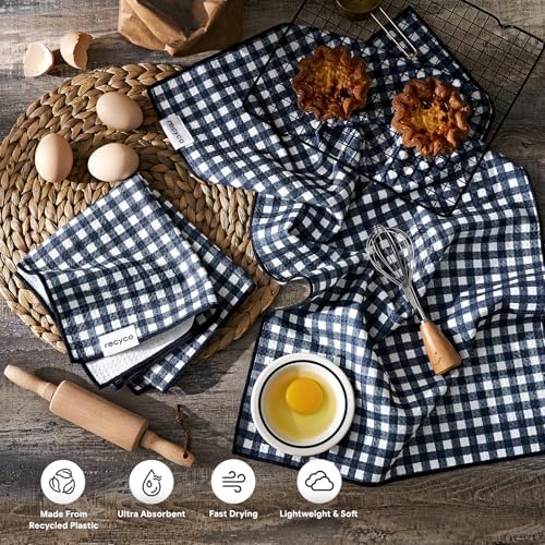 RECYCO Waffle Kitchen Towel Set of 2 - Quick Dry Microfiber Sustainable Dish Towels - Ultra Absorbent Reusable Cleaning Tea Towels - Lightweight Hand Towels,16”x 28”, Navy Blue Plaid - Image 2