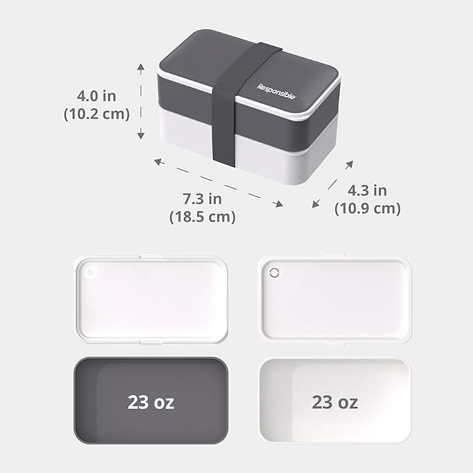 Responsible Products Leak Resistant Bento Box with Tableware for Adult - Teens, Insulated Lunch Box for Women - Men - Girls - Boys, BPA Free, Dishwasher Safe, Microwave Safe, Freezer Safe, 46 oz