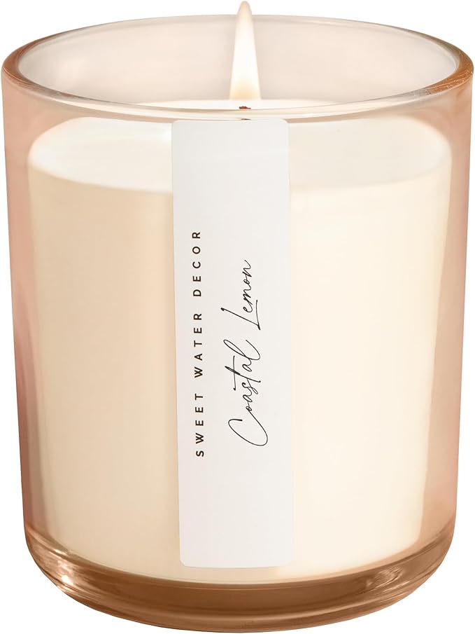 Sweet Water Decor Coastal Lemon Scented Candles – Soy Candles with Lemon, Sea Salt, Jasmine & Driftwood – Summer Cozy Aroma – 50 Hour Burn – 12oz Tinted Glass Jar for Home Decor and Bedroom Décor