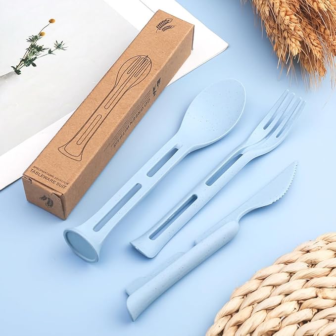 3PCS Wheat Straw Cutlery, Reusable Utensils Set Portable Travel 3 in 1 Spoon Fork Knife Tableware, Eco-Friendly, BPA Free, Flatware for Kids Adults, Travel Picnic Camping (Blue)