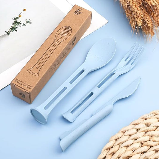 3PCS Wheat Straw Cutlery, Reusable Utensils Set Portable Travel 3 in 1 Spoon Fork Knife Tableware, Eco-Friendly, BPA Free, Flatware for Kids Adults, Travel Picnic Camping (Blue)