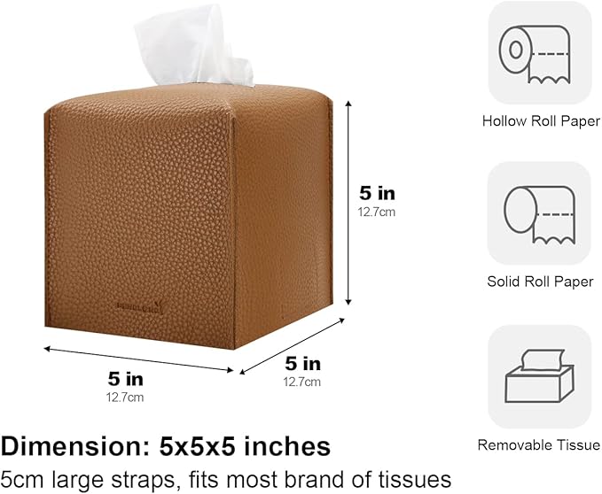 Tissue Box Cover 5X5X5'' PU Leather Tissue Holder Square Tissue Cube Box Organizer for Bathroom Vanity Countertop, Car, Night Stands, Office, Home, Kitchen (2Pack, Brown)