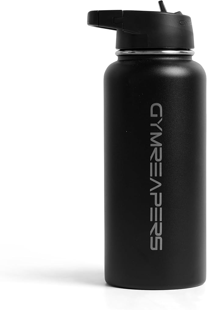 Gymreapers Insulated Water Bottle - Stainless Steel 32 Oz, 3 lids (Straw, Chug, Canteen), Double Walled Vacuum Insulation, Thermo Mug Cold Hot - Durable Powder Coated Finish (Black)