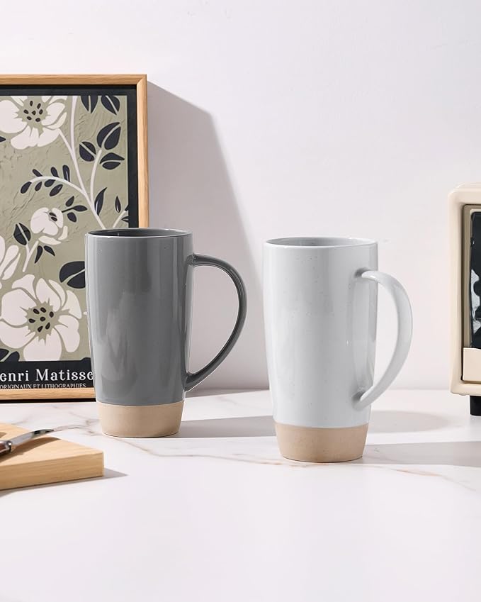 famiware Milkyway Coffee Mugs, 20oz Large Coffee Mug, Ceramic Mug Set of 2 with Lid, Cup Set with Handle for Latte, Tea, Cocoa, Milk, Home & Office, Light Gray and Dark Gray