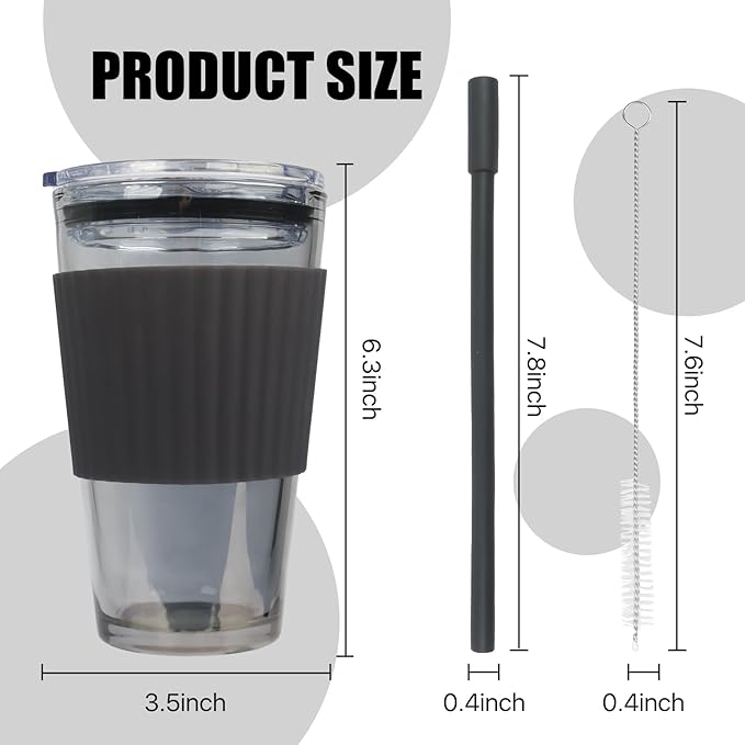 Black Glass Cups with Lid and Straw, 16 oz Glass Coffee Cup, Reusable with Temperature Sensitive Silicone Sleeve and Silicone Straw,Travel Iced Coffee Cup for Juice andMilk Tea (single pack)