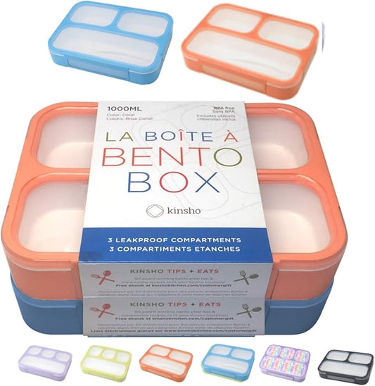 kinsho Bento Lunch Boxes for Adults or Kids | Large 3 Compartment Containers with Dividers for Meals and Snacks for School or Work Lunches, Women Men Includes Utensils | Coral Blue 2 pack
