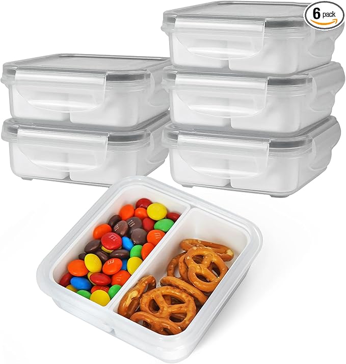 carrotez 2 Compartment Small Snack Containers, Mini Snack Containers for Mini Fridge, Small Food Storage Containers, Airtight Lids, Reusable, 1.1 cup, 6 PACK