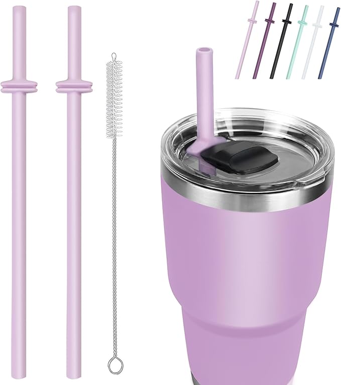 Silicone Straw for Yeti Rambler, 2PCS Reusable Straws & 1 Cleaning Brush for Yeti 30/20 oz Tumbler with Magslider Lid, Adjustable Drinking Straws Accessories Patent Pending (Lilac)