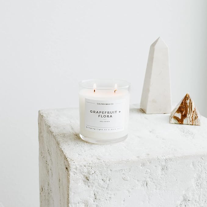 Calyan Wax Co. Grapefruit & Flora 2 Wick Scented Candle - 37 Hour Burn - Luxury Non Toxic Soy Wax Candles - Long Lasting Large Glass Jar Candle for Home - 8.8oz