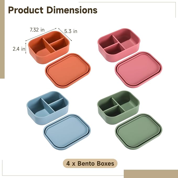 OMISTAR 4 PCS Silicone Bento Box 3 Compartment Reusable Bento, Silicone Lunch Container for Adults Work Travel Food Meal Compartment Storage, Microwave Dishwasher Freezer Safe (A)