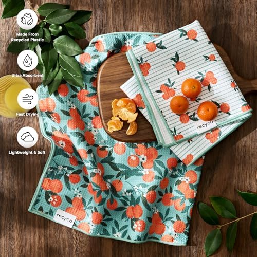 RECYCO Waffle Kitchen Towel Set of 2 - Quick Dry Microfiber Sustainable Dish Towels - Ultra Absorbent Reusable Cleaning Tea Towels - Lightweight Hand Towels,16”x 28”, Clementine Grove - Image 3