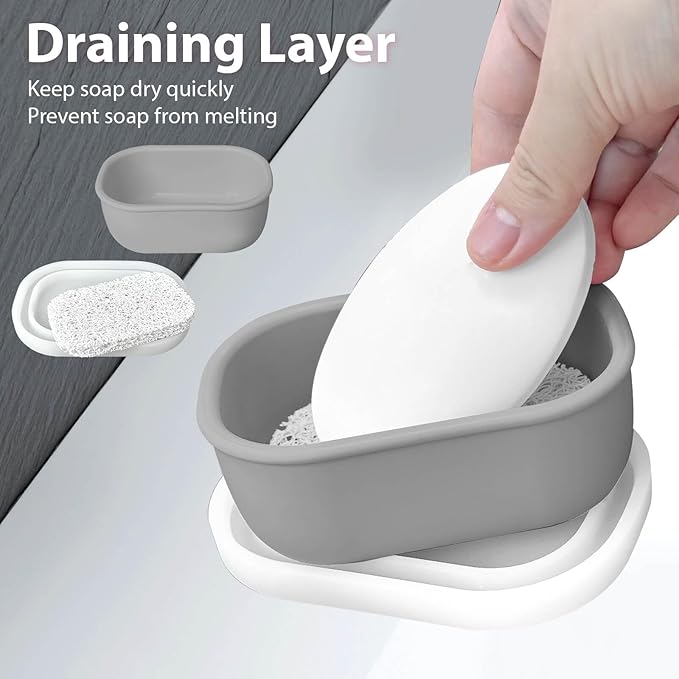 Leakproof Silicone Travel Soap Case with Drainage Layer, Silicone Bar Soap Holder Compact Portable Shatterproof Soap Container Box for Bathroom Gym Camp Travel Toiletries (Gray, Clear Lid)