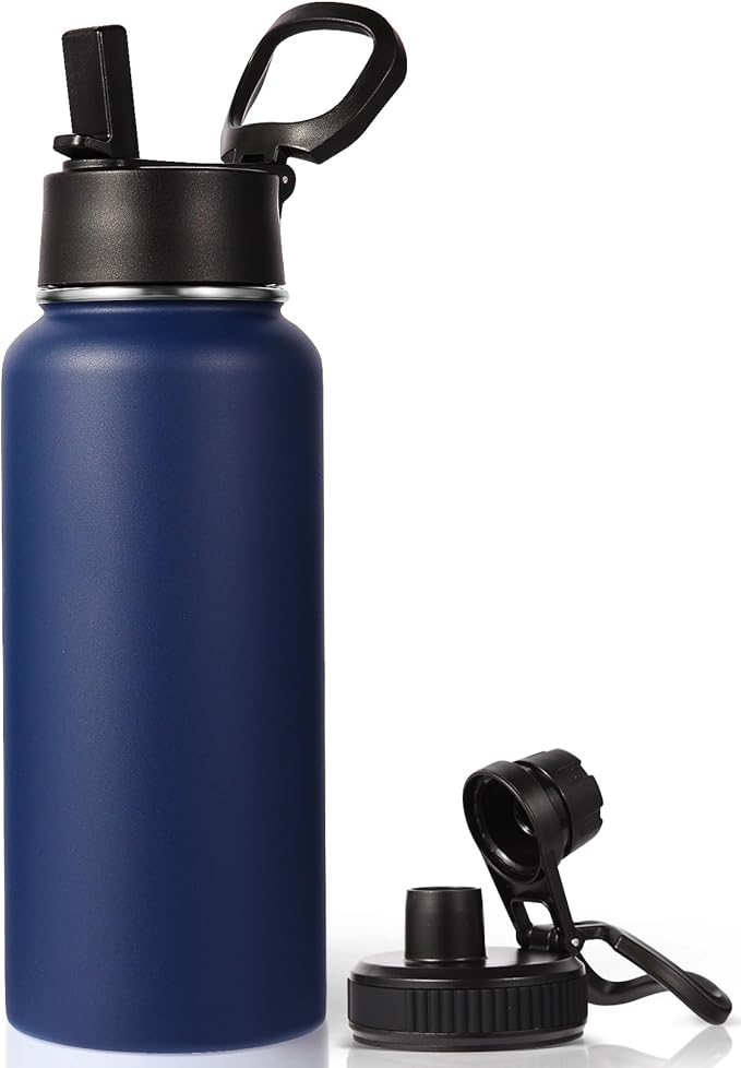 Neihepal 32 oz Insulated Water Bottle with 2 Lids (Straw & Spout Lid), 18/8 Stainless Steel Double Wall Water Bottles for Gym, Travel, Camping, Sports (Navy,1 Pack)