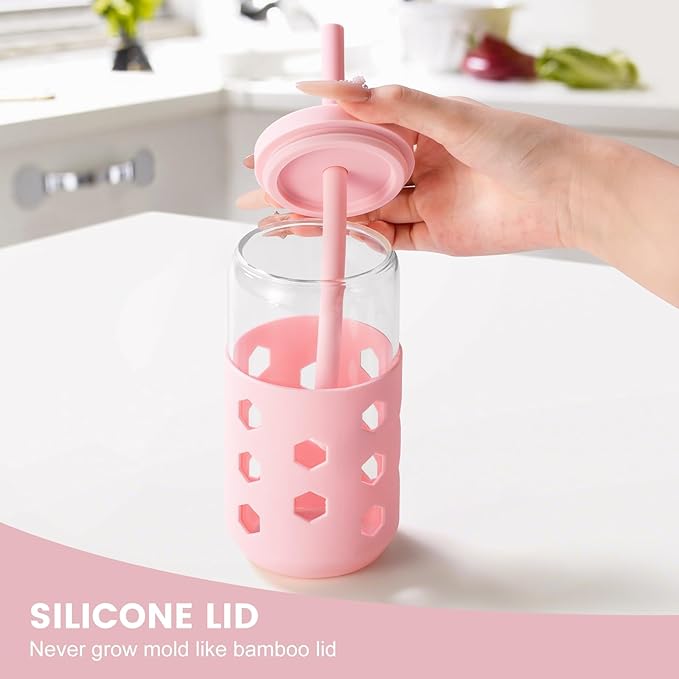 Glass Cups with Lids and Straws (4 Pcs), 16oz Drinking Glasses Set with Silicone Sleeves for Coffee Bar Accessories Iced Coffee Cups with Lids, Glass Tumbler Reusable for Gifts