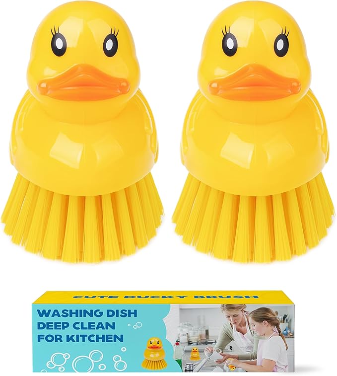 GTOTd Cute Ducky Washing Dish Brush（2 Pack） Ergonomic Palm Scrubber with Handle for Potato Vegetable Fruit Best Small Kitchen Gadgets Gifts Accessories Stuff Household Cleaning Dishwashing Supplies