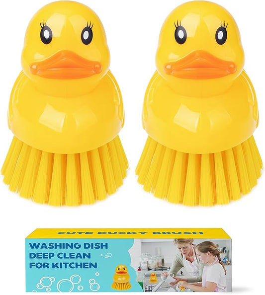 GTOTd Cute Ducky Washing Dish Brush（2 Pack） Ergonomic Palm Scrubber with Handle for Potato Vegetable Fruit Best Small Kitchen Gadgets Gifts Accessories Stuff Household Cleaning Dishwashing Supplies