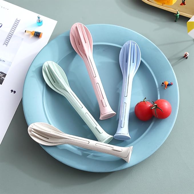 3PCS Wheat Straw Cutlery, Reusable Utensils Set Portable Travel 3 in 1 Spoon Fork Knife Tableware, Eco-Friendly, BPA Free, Flatware for Kids Adults, Travel Picnic Camping (Green)